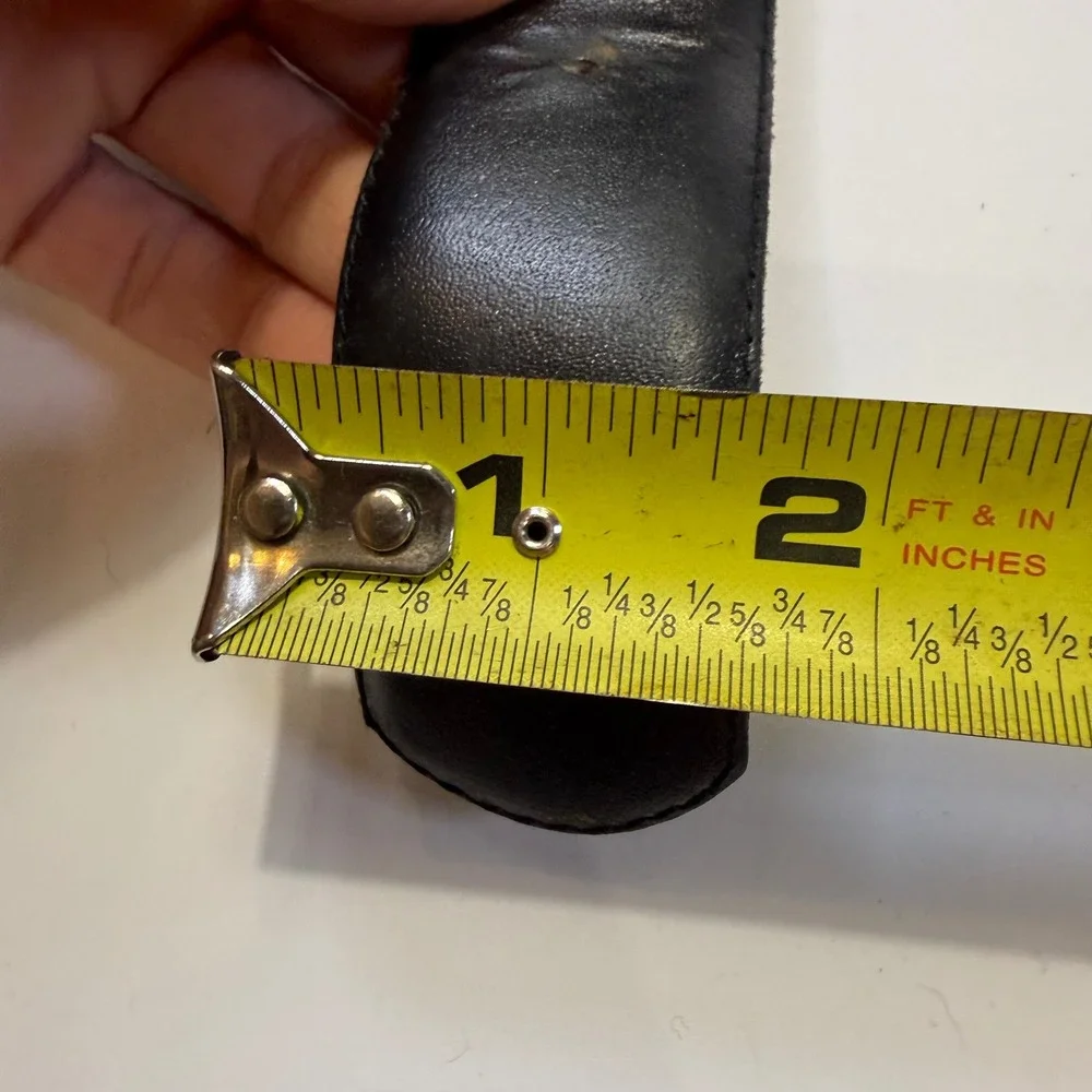 Paul Harris Vintage Black Leather Belt Gold Crescent Buckle Wide Statement Med